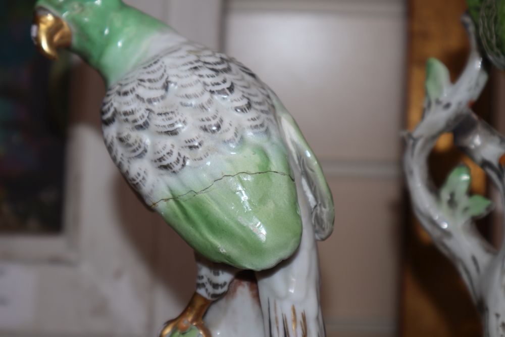 A Continental porcelain figure of a parrot and a German porcelain parrot, tallest